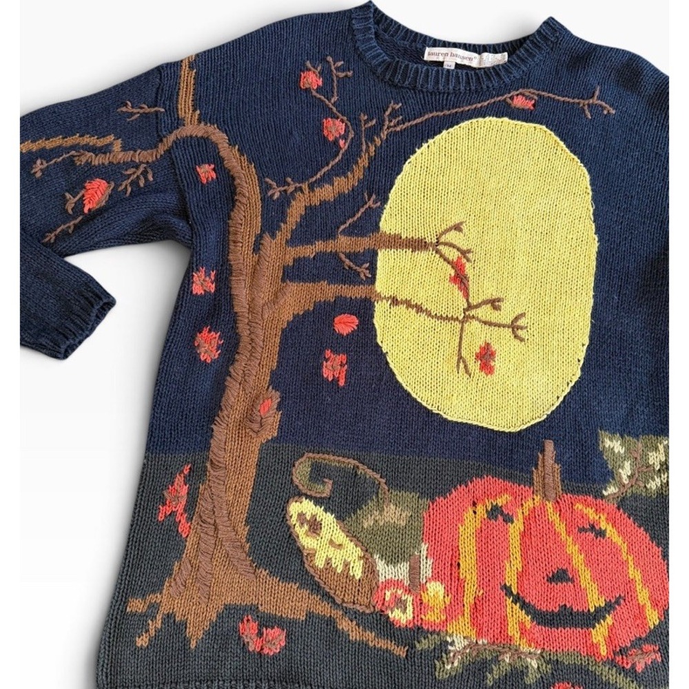 Vintage 90s Chunky Knit Halloween Sweater M Whimsical Fall Pumpkin Grandma Core